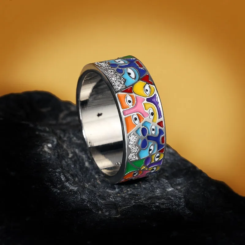 White CZ Handmade Enamel Lovely Cat Unique Trendy Ring For Women