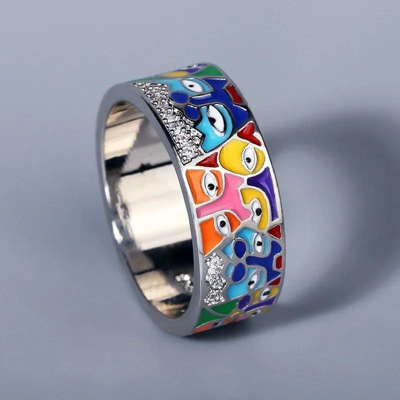 White CZ Handmade Enamel Lovely Cat Unique Trendy Ring For Women