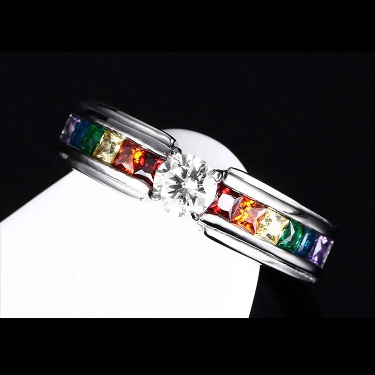 Women Engagement Rings, Stainless Steel Wedding Rings for Men 2PCS Titanium Lgbt Ring with Rainbow Zirconia Sz Women 5 Men 7 for Couple Engagement