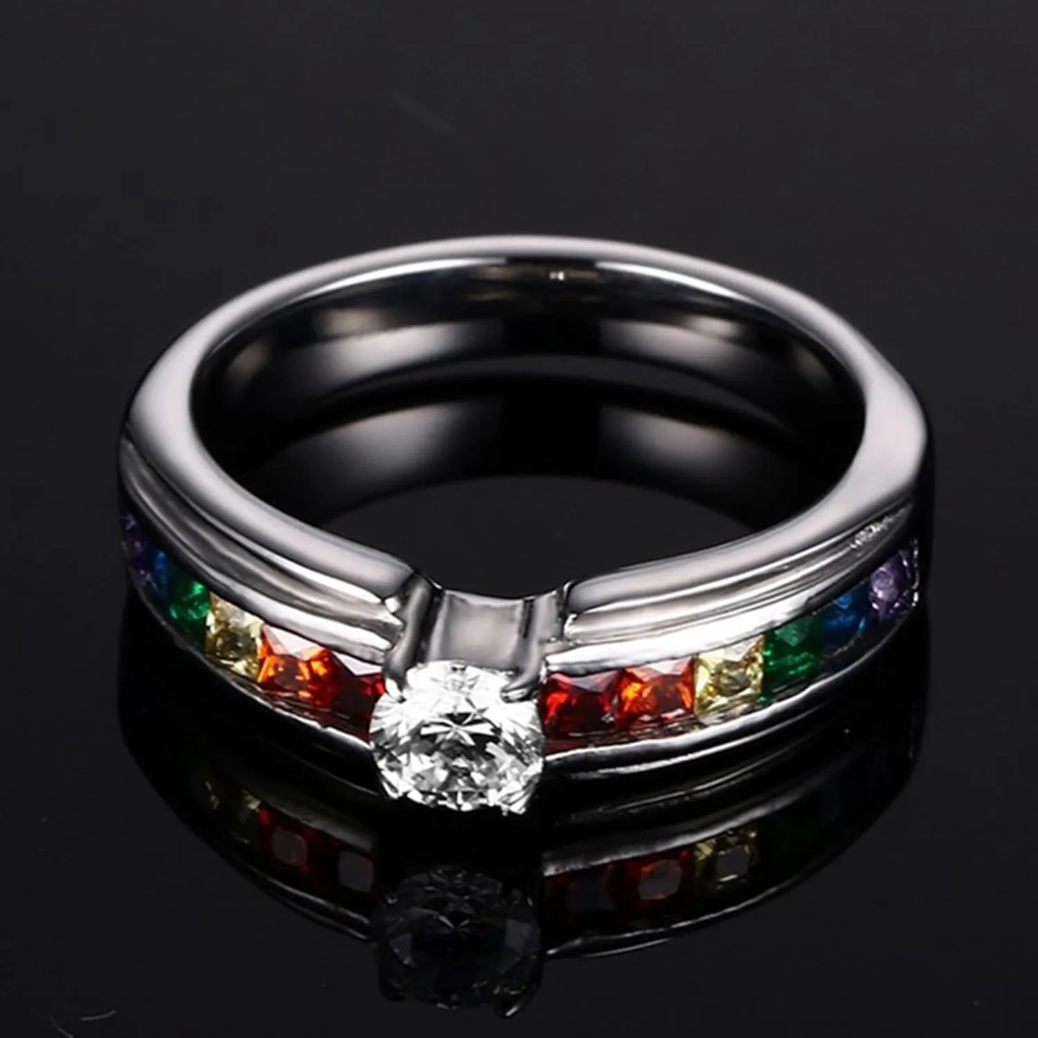 Women Engagement Rings, Stainless Steel Wedding Rings for Men 2PCS Titanium Lgbt Ring with Rainbow Zirconia Sz Women 5 Men 7 for Couple Engagement