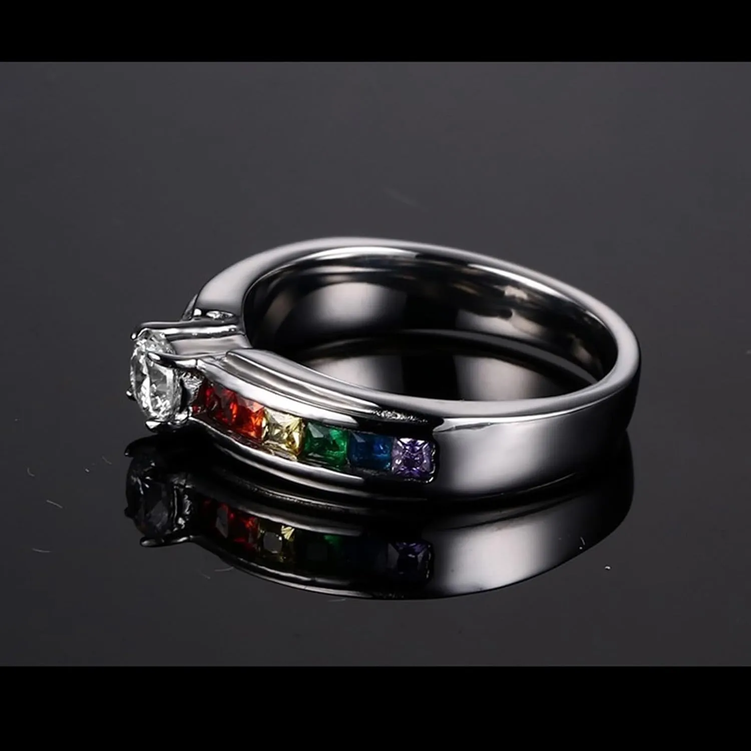 Women Engagement Rings, Stainless Steel Wedding Rings for Men 2PCS Titanium Lgbt Ring with Rainbow Zirconia Sz Women 5 Men 7 for Couple Engagement