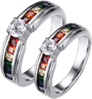 Women Engagement Rings, Stainless Steel Wedding Rings for Men 2PCS Titanium Lgbt Ring with Rainbow Zirconia Sz Women 5 Men 7 for Couple Engagement