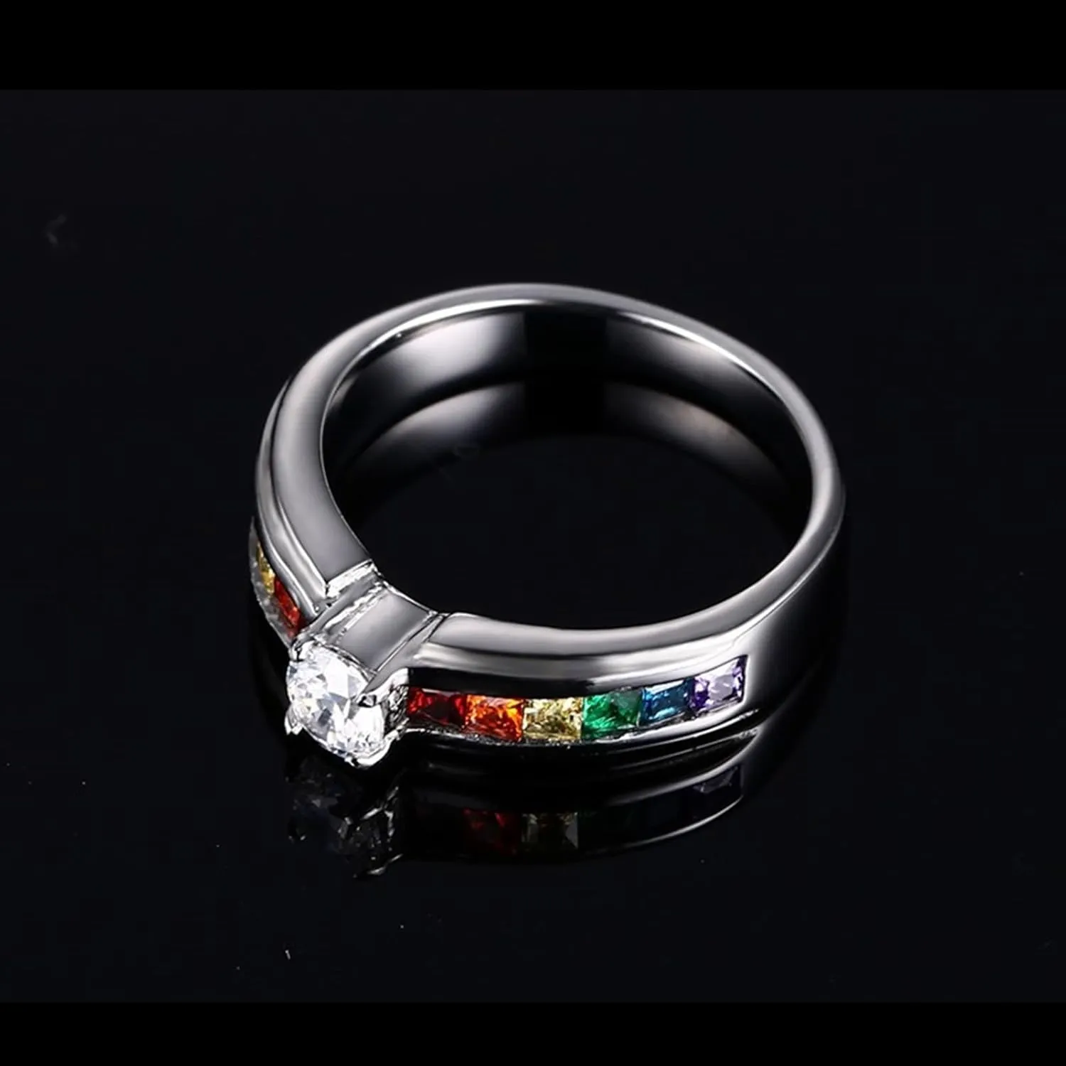 Women Engagement Rings, Stainless Steel Wedding Rings for Men 2PCS Titanium Lgbt Ring with Rainbow Zirconia Sz Women 5 Men 7 for Couple Engagement