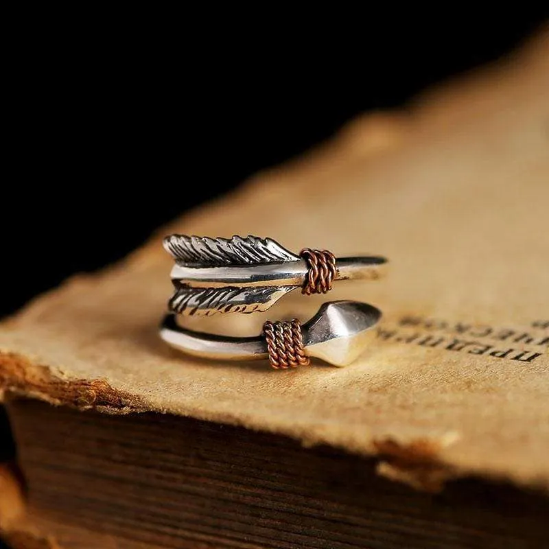ZABRA Solid 925 Sterling Silver Vintage Retro Small Opening Cupid's Arrows Love Ring Women Men Steampunk Cool Feather Jewelry (Resizable)