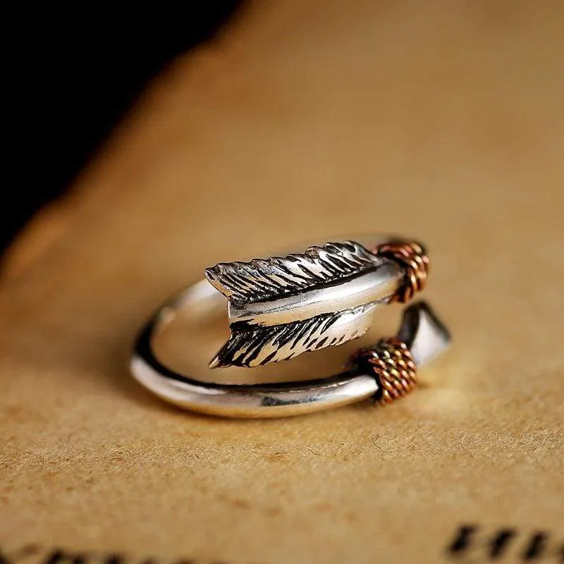ZABRA Solid 925 Sterling Silver Vintage Retro Small Opening Cupid's Arrows Love Ring Women Men Steampunk Cool Feather Jewelry (Resizable)