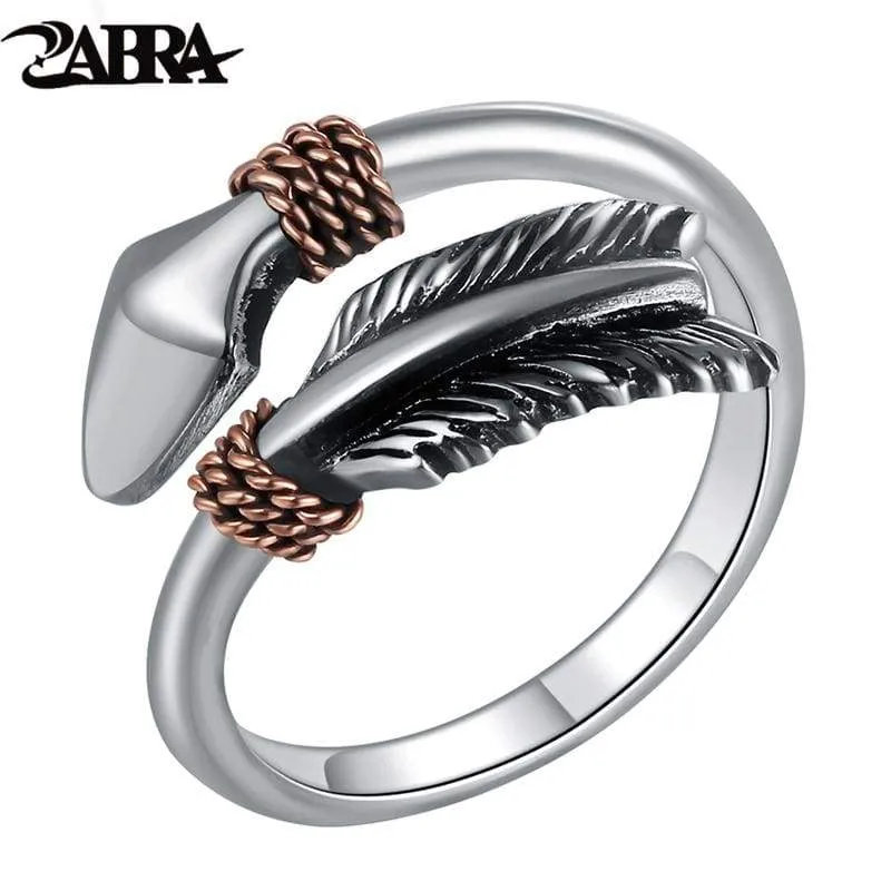 ZABRA Solid 925 Sterling Silver Vintage Retro Small Opening Cupid's Arrows Love Ring Women Men Steampunk Cool Feather Jewelry (Resizable)