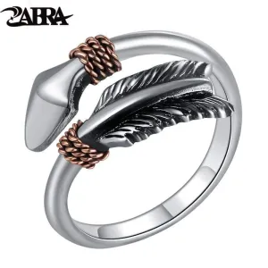 ZABRA Solid 925 Sterling Silver Vintage Retro Small Opening Cupid's Arrows Love Ring Women Men Steampunk Cool Feather Jewelry (Resizable)