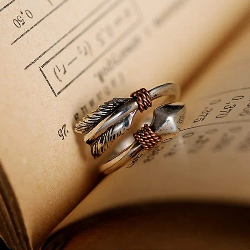 ZABRA Solid 925 Sterling Silver Vintage Retro Small Opening Cupid's Arrows Love Ring Women Men Steampunk Cool Feather Jewelry (Resizable)